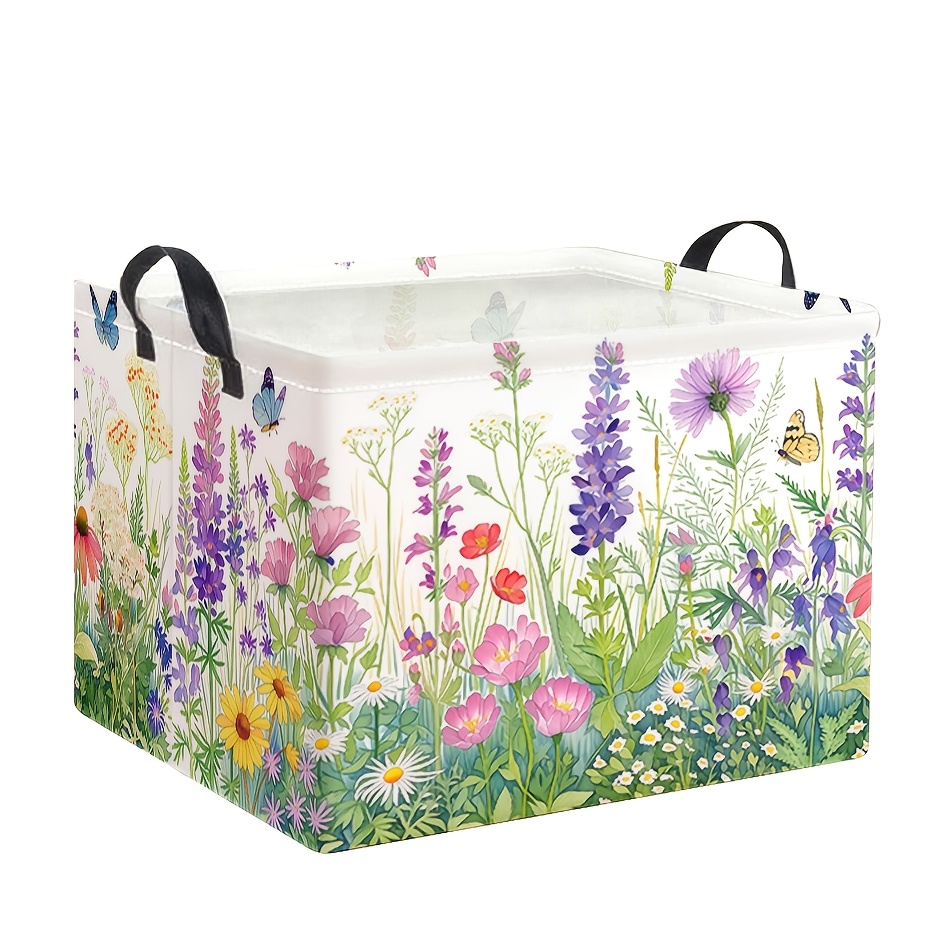 TEMU 1pc Dokriy Foldable Floral Print Storage Basket With Sturdy Suitable For Bathroom, Bedroom, Living Room Organizer - Contemporary Canvas