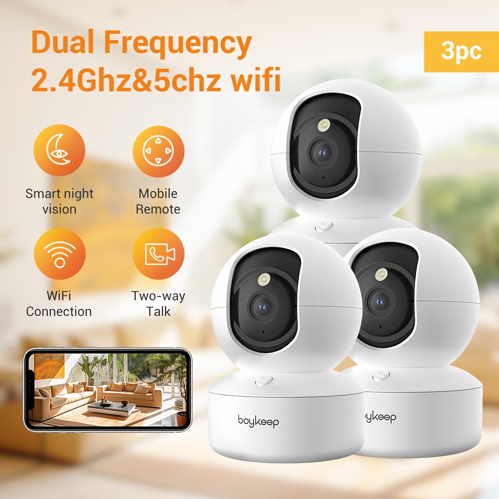 TEMU Lot de 3 caméras de surveillance Boykeep Full HD 1296P fil WiFi intelligentes avec détection de mouvement, vision couleur, push, vue à 355°,