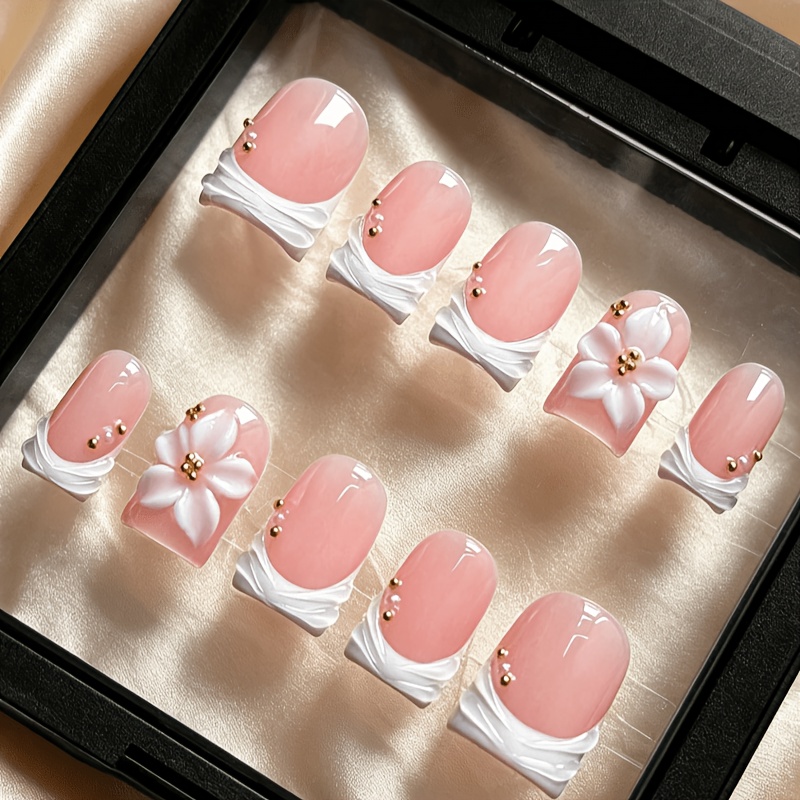 Image of Nude Pink French Pleated Press-on Nails, Gentle 3d Flower And Golden Bead Decor Short Square False Nails, Perfect For And Date, With Jelly Glue And Nail File Included