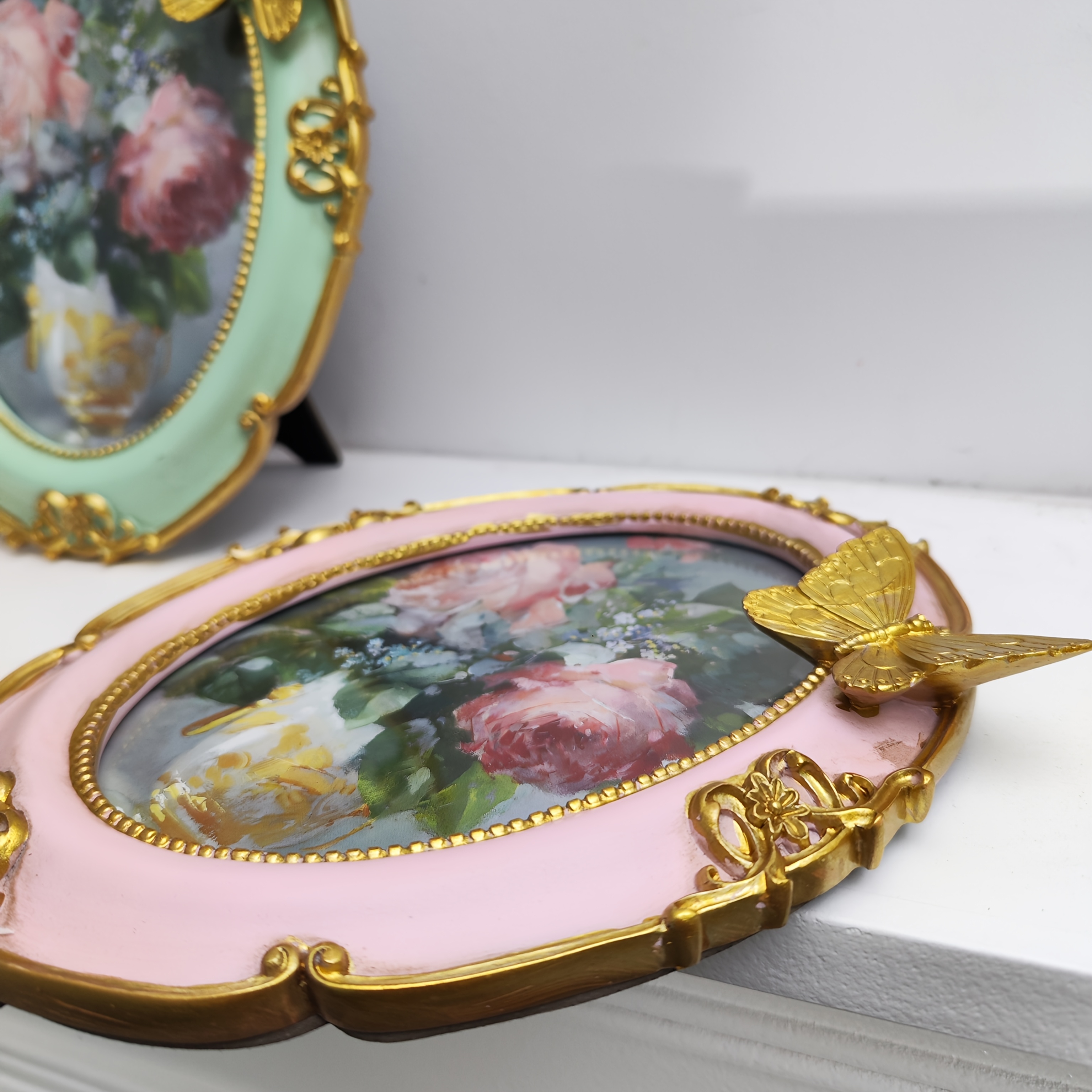 7 inch   floral oval resin photo frame elegant   pink green with     home decor wall or table display tabletop display   decor decorative accent   decoration