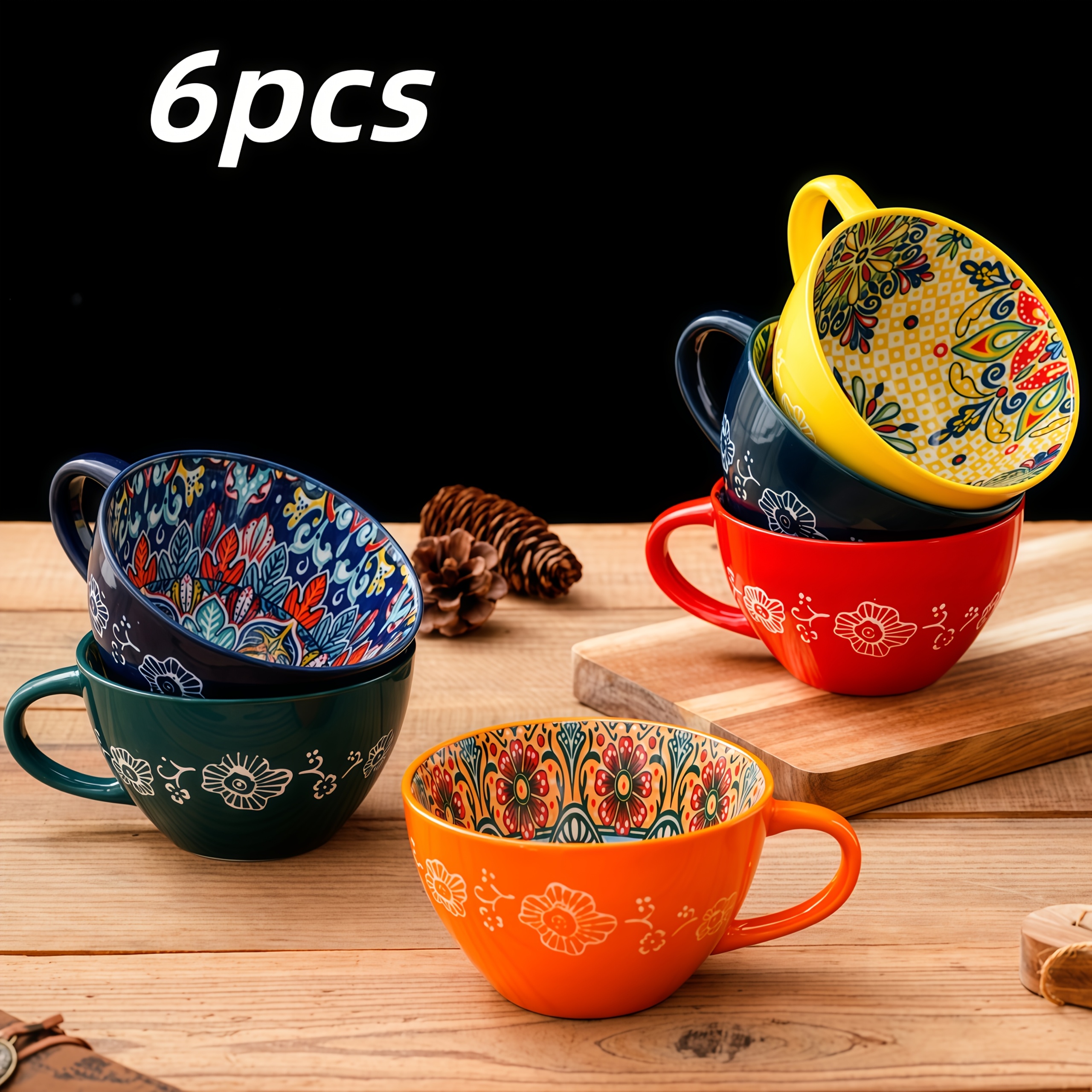 TEMU 6pcs, Bohemian Ceramic Cup Set, 15oz Breakfast Cup, Large Capacity Water Cup, Microwave Heating, Milk Coffee Cup, Suitable For Office, Home