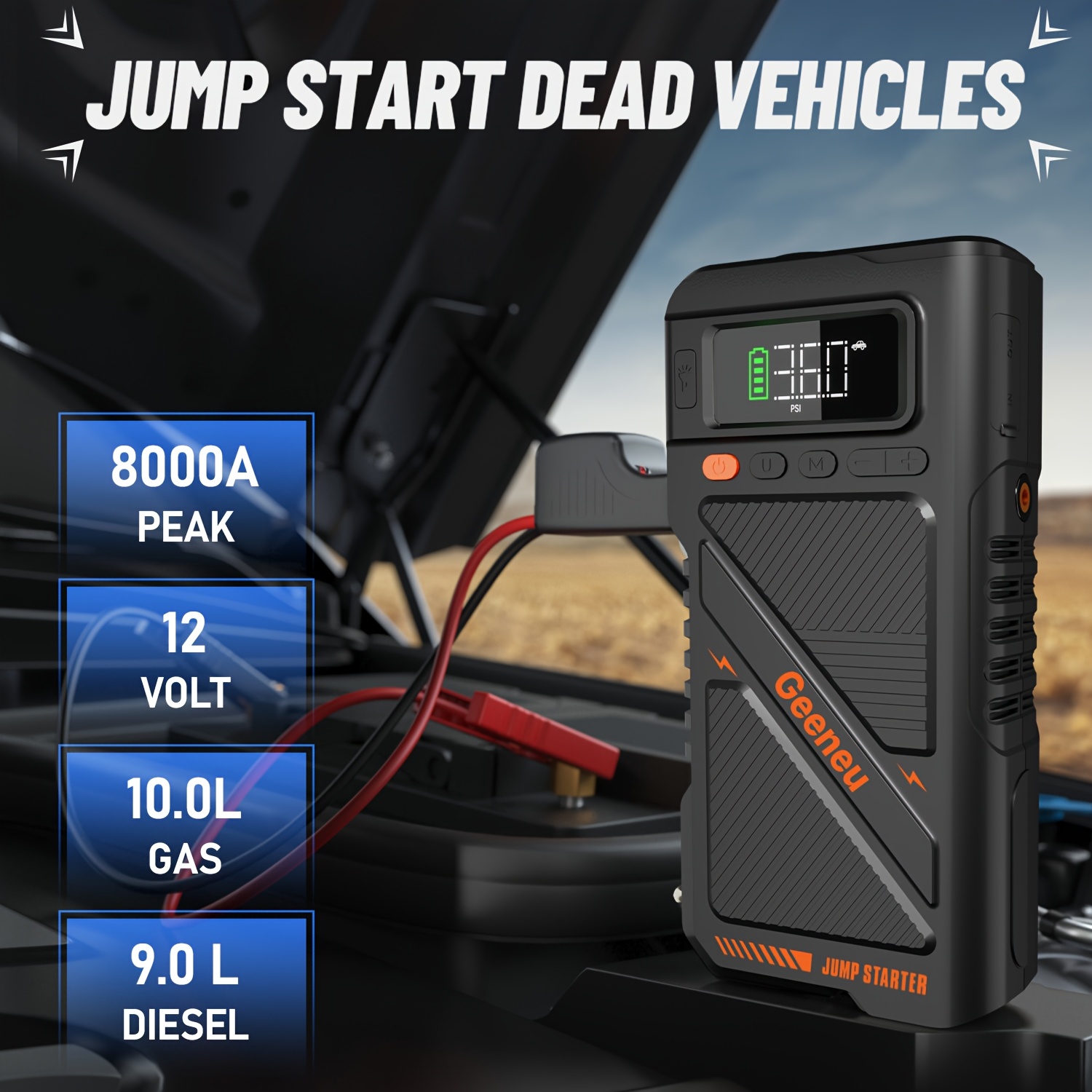 E-shop 8000A Starthilfe mit Luftkompressor, Starthilfe-Box, (Bis zu allen Benzin- und 9.0L Dieselmotoren) 12V Auto Starthilfe Autobatterie Booster 74Wh