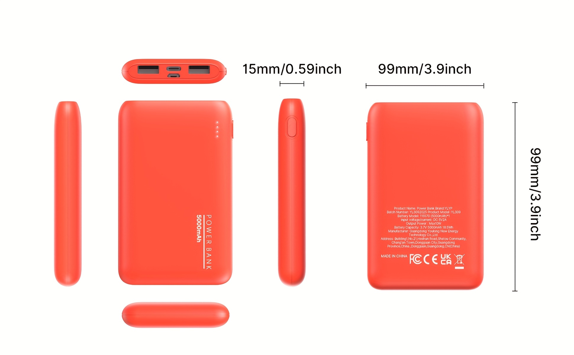 Batterie Externe Ultra-Mince 5000mAh, Chargeur Portable avec Double Sorties USB & Câble Type-C, Sauvegarde de Charge 5V2A pour iPhone et Téléphones for Samsung Android, Urgence Voyage en Plein Air, Cadeaux de Vacances (Léger & Compact)