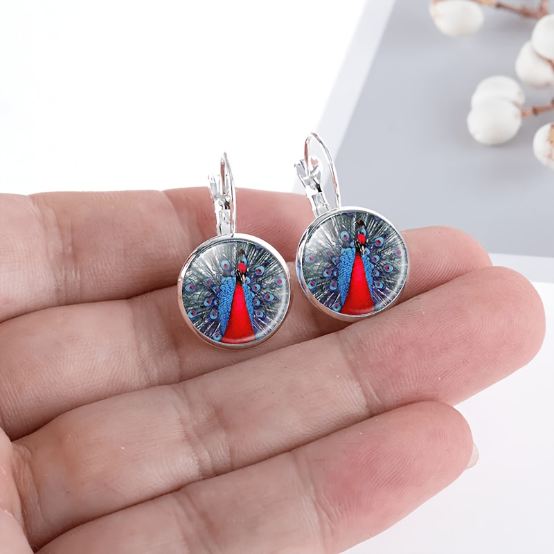 2pc Peacock Feather Round Glass-inlaid Earrings Set