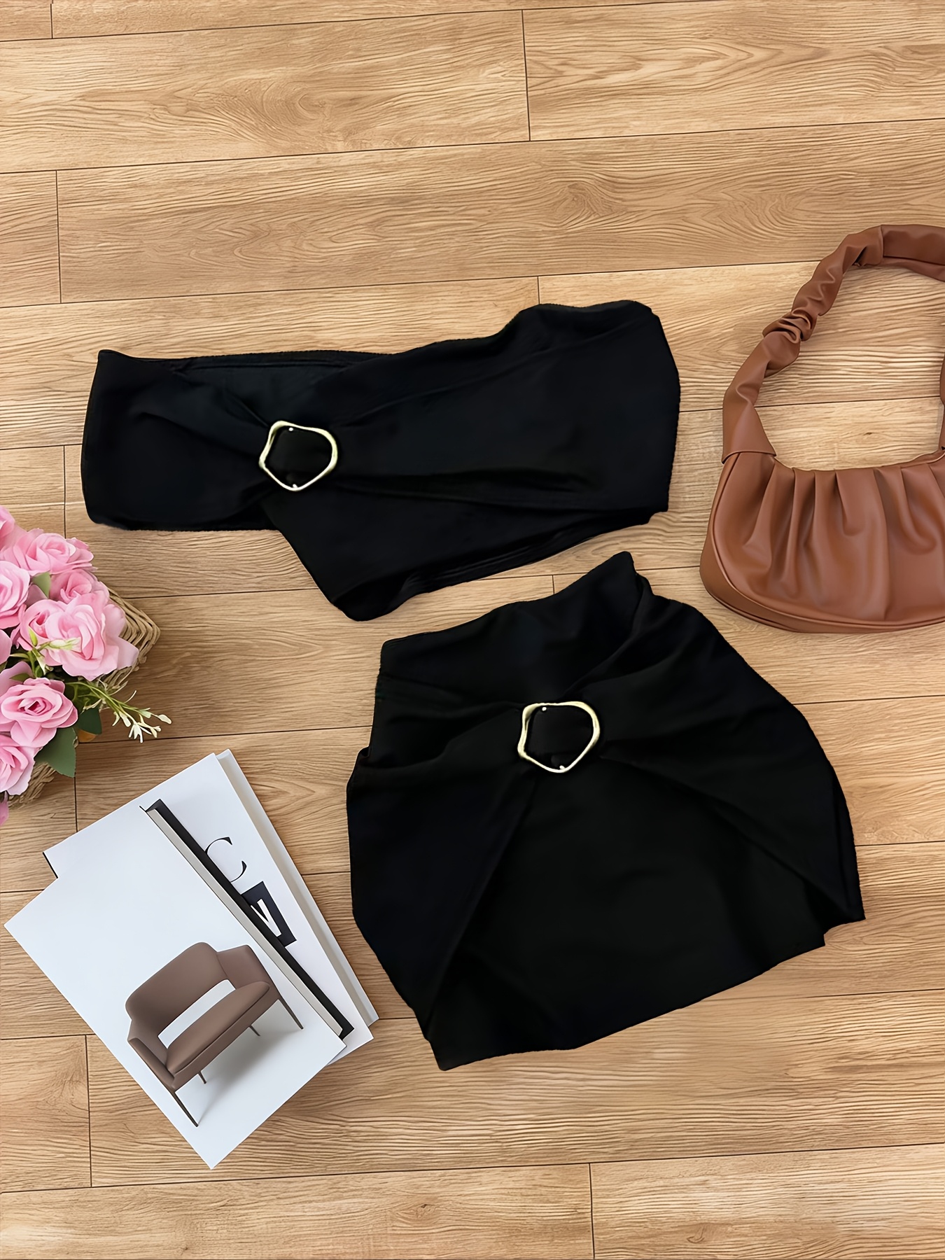   skirt set metal accessory one shoulder bodycon top high waist   fit mini skirt 2pcs outfit elegant party y2k suitable for vacation streetwear   birthday parties valentines day womens apparel