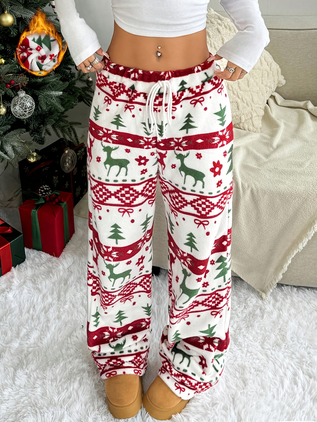 womens christmas plush wide   pants with festive reindeer snowflake print elastic drawstring waist machine washable     for holiday casual wear christmas pants medium   fabric mixed color 1