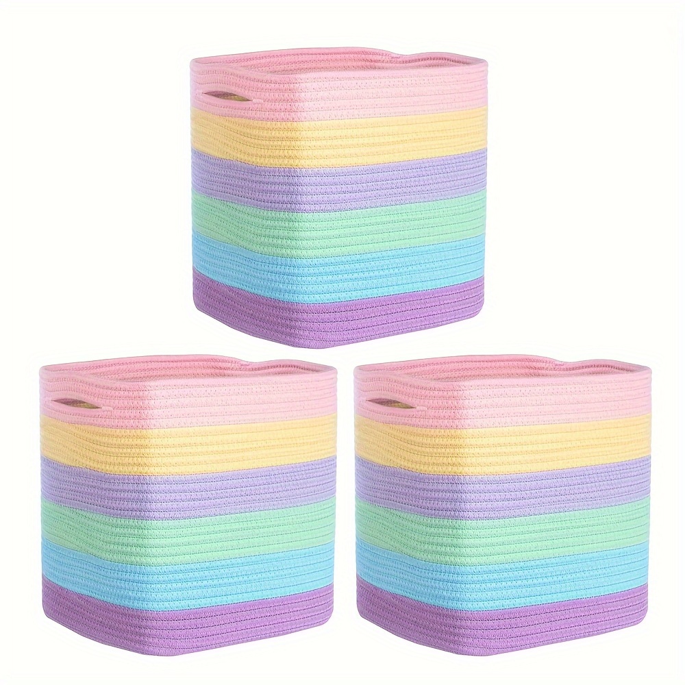 

3pc Woven Fabric Storage Cube Bins, 11x11 Inch Classic Style Opened Cover, Decorative Rainbow Closet Organizer For Classroom, Bathroom, And Shelf Storage