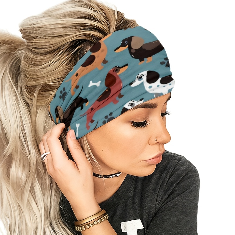 TEMU Non-slip Sweat-absorbent Dachshund Headband With Paw Print & Bone Design - Wide-border Knotted Hair Suitable For Yoga, Gym, Running, Cycling,