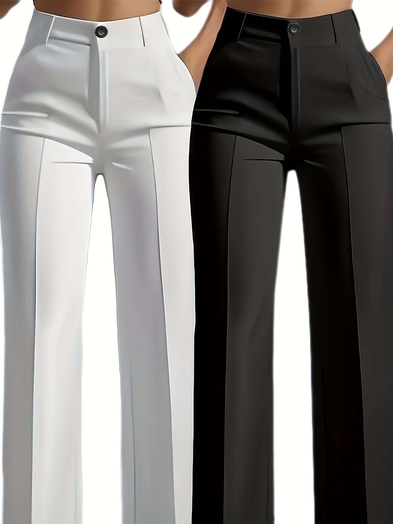 Women'S Elegant Solid Color Straight-Leg Pants with Side Pockets (Set of 2)