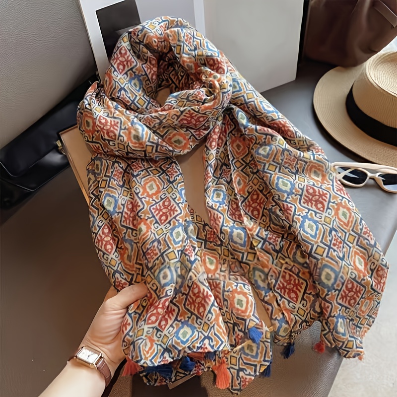 Image of 1pc Exotic Bohemian Scarf, Vibrant Geometric Patterns, With Tassels, The Mystical Middle Eastern And North African Tribal Style. You're A
