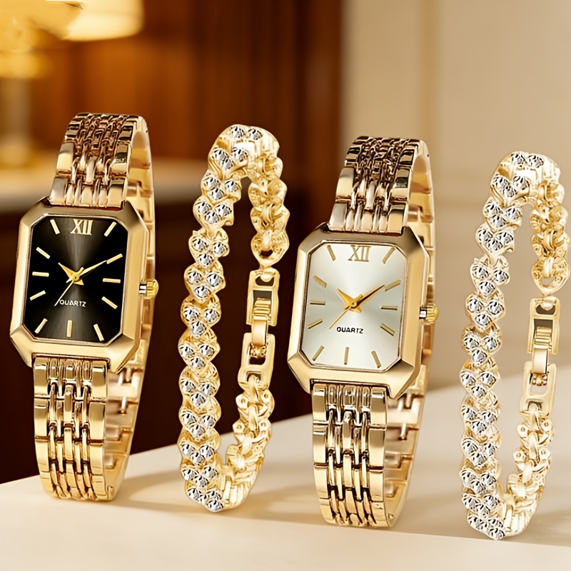 TEMU 4pcs Elegant Women's Watch And Bracelet Set | Fashion Heart Chain With Quartz Watch, Classic Rectangular Dial, Alloy Strap, Ideal For Easter Or