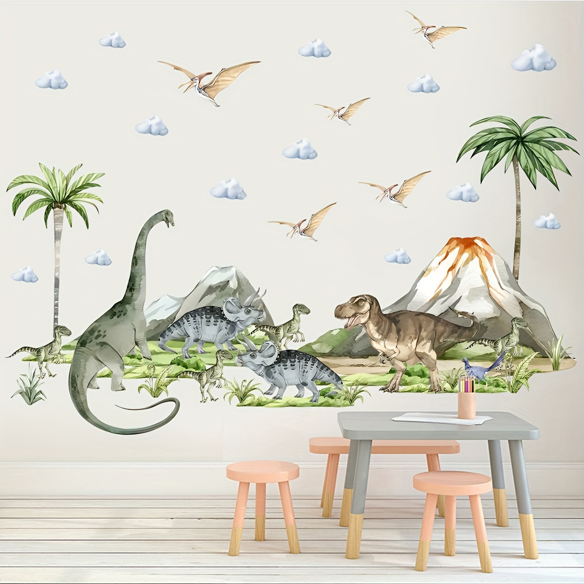 dinosaur volcano self   wall decals removable pvc stickers for bedroom and living room decor  