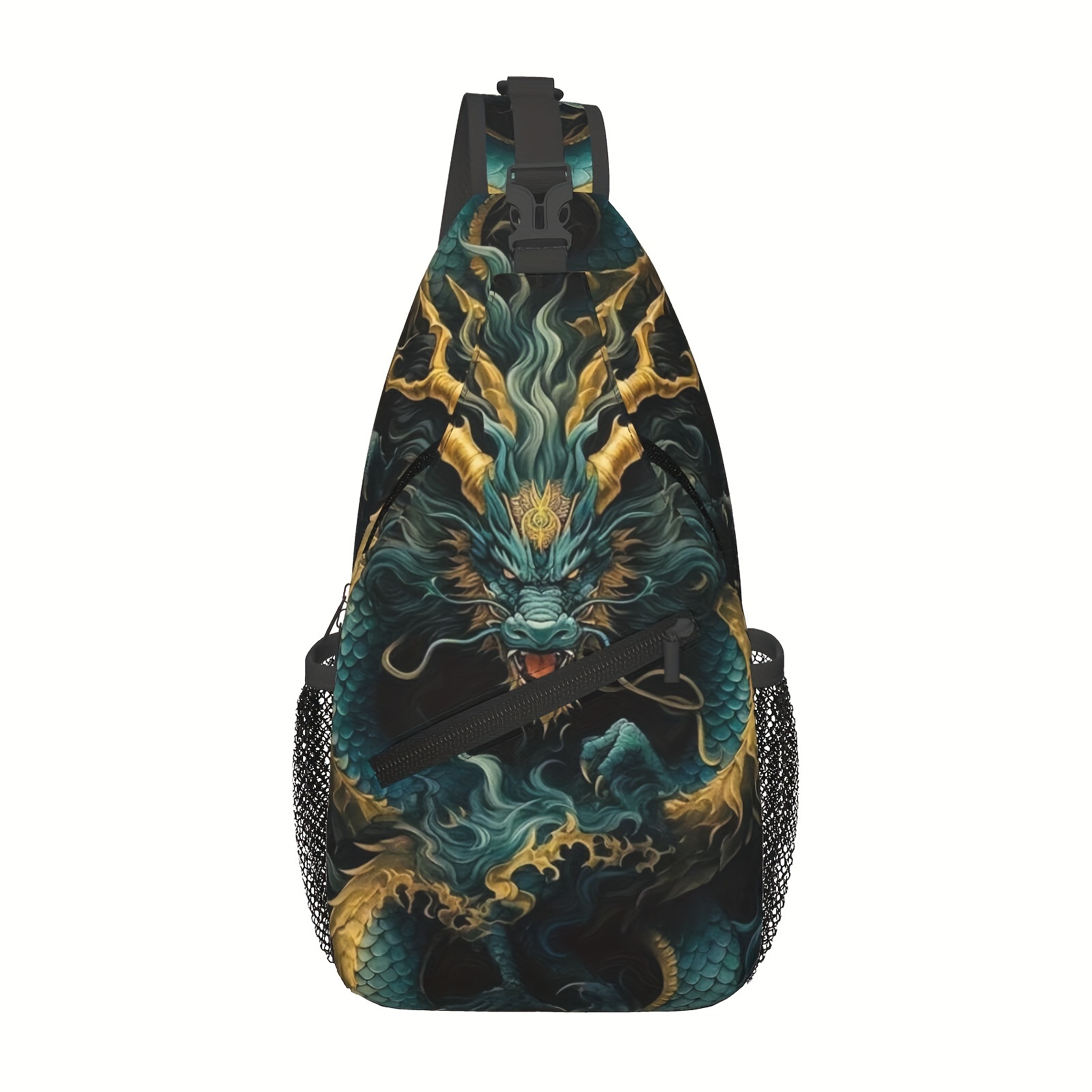 TEMU Men's Polyester Chest Bag With Adjustable Shoulder Strap, Dragon Print Fashion Messenger Bag, Hand Washable Motorcycle Sling Pack, Multifunctional Leisure Shoulder Bag