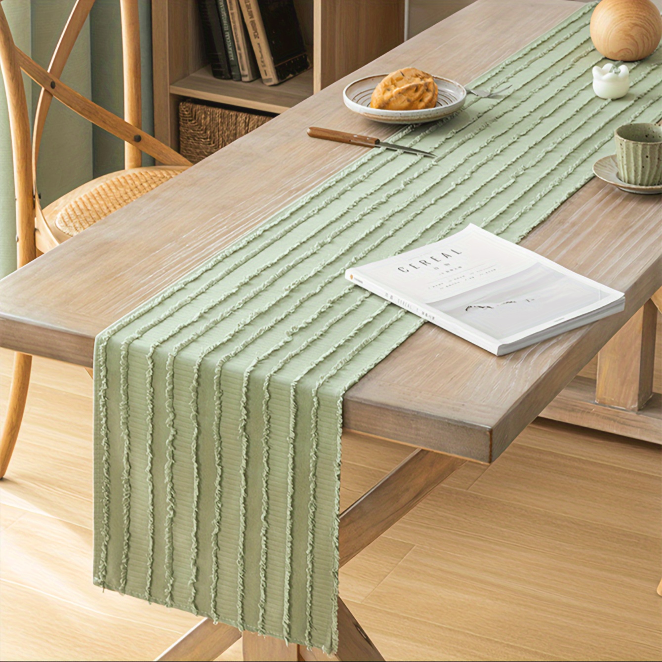 

Green Ribbed Tassel Table Runner, Polyester Woven Tablecloth, Rectangular Striped Kitchen And Dining Decor, Home Table Decorative Fabric Cover