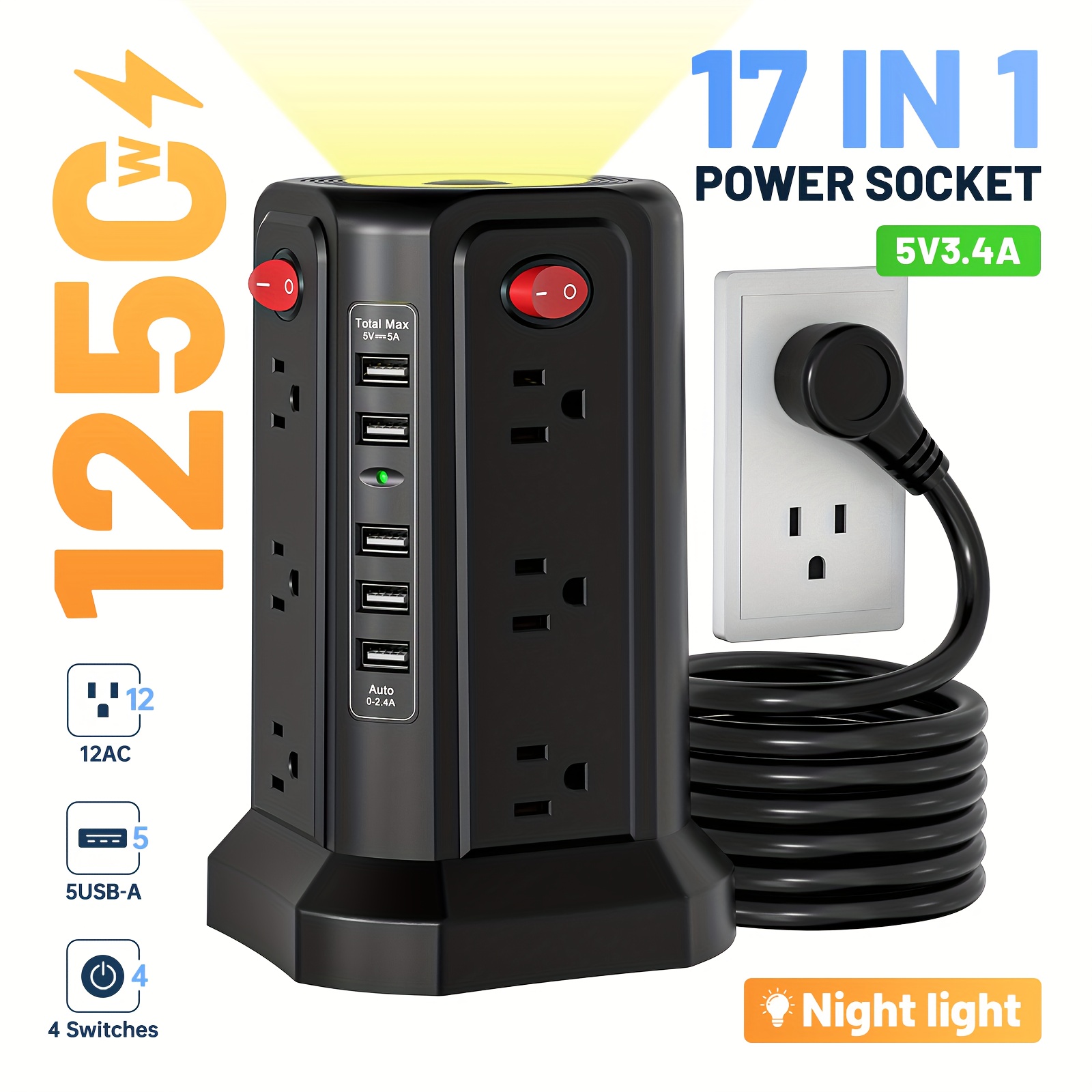TEMU 12-outlet Strip With 5 Usb Ports, 360° Rotating Design, 10a 2500w Surge Protector, Touch-control Night Light, 10ft Extension Cord, For