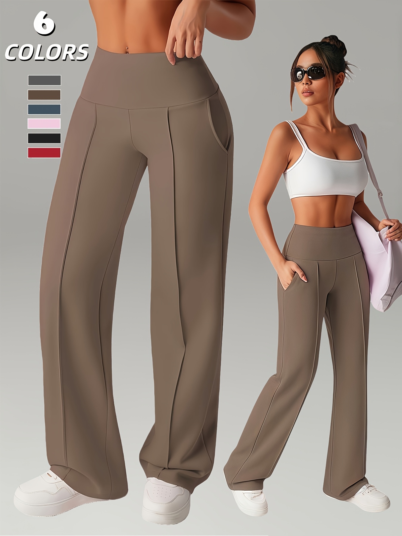Women'S Leggings, 1pc Straight Wide-Leg Pants, Athletic Quick-Dry Yoga Pants with Pockets, Commuter-Friendly Yoga Trousers, Stretch Athletic Pants High-Waist Leggings, Slight Flared Skinny Pants