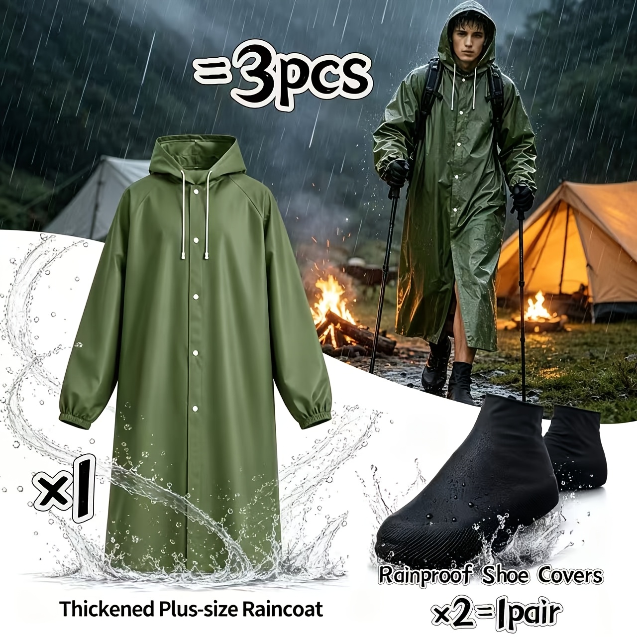 TEMU Ensemble Imperméable Long avec Couvre-Chaussures Étanche, Poncho Imperméable Robuste pour Randonnée, Camping, Voyage Air