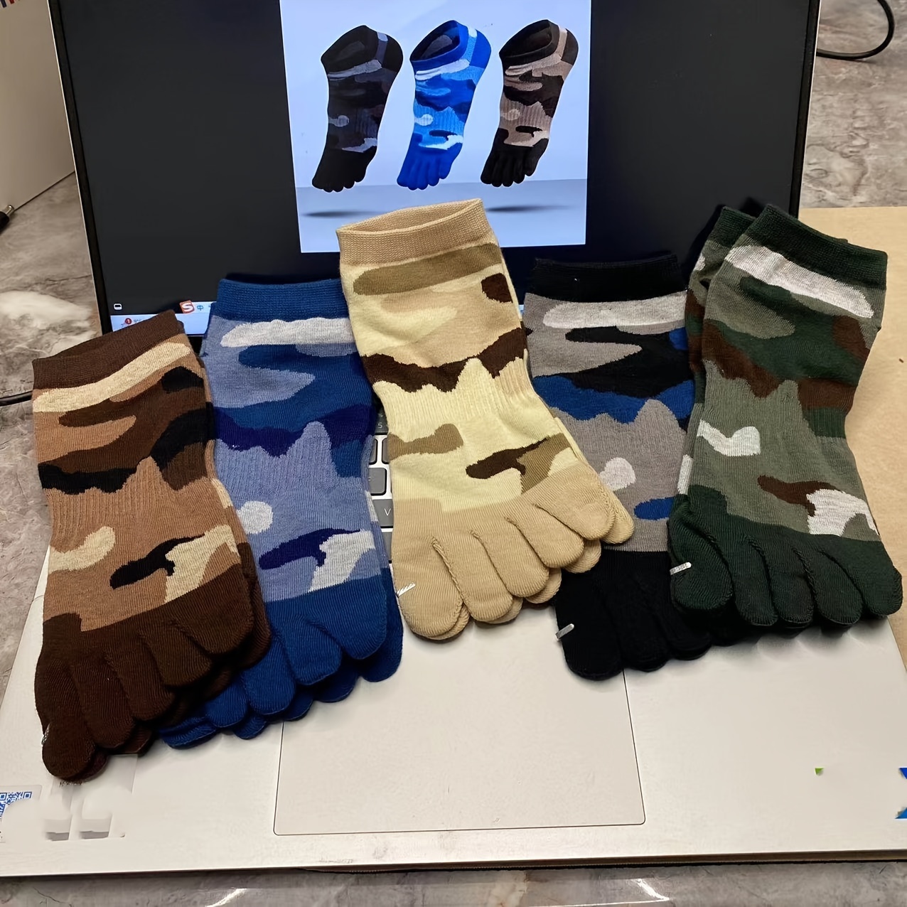 Image of 5-pair Men's Camouflage Pure Breathable Toe-separating Socks, Fashionable , Five-toe Boat Socks, Regular Thickness, Invisible Five-toe Socks For Men