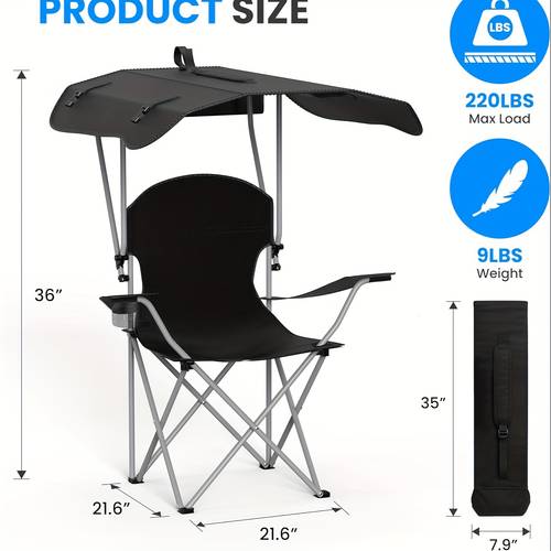 foldable canopy lounge chair with sunshade cup holder for camping hiking travel 6 x 21 6 x 36 breathable fabric sturdy