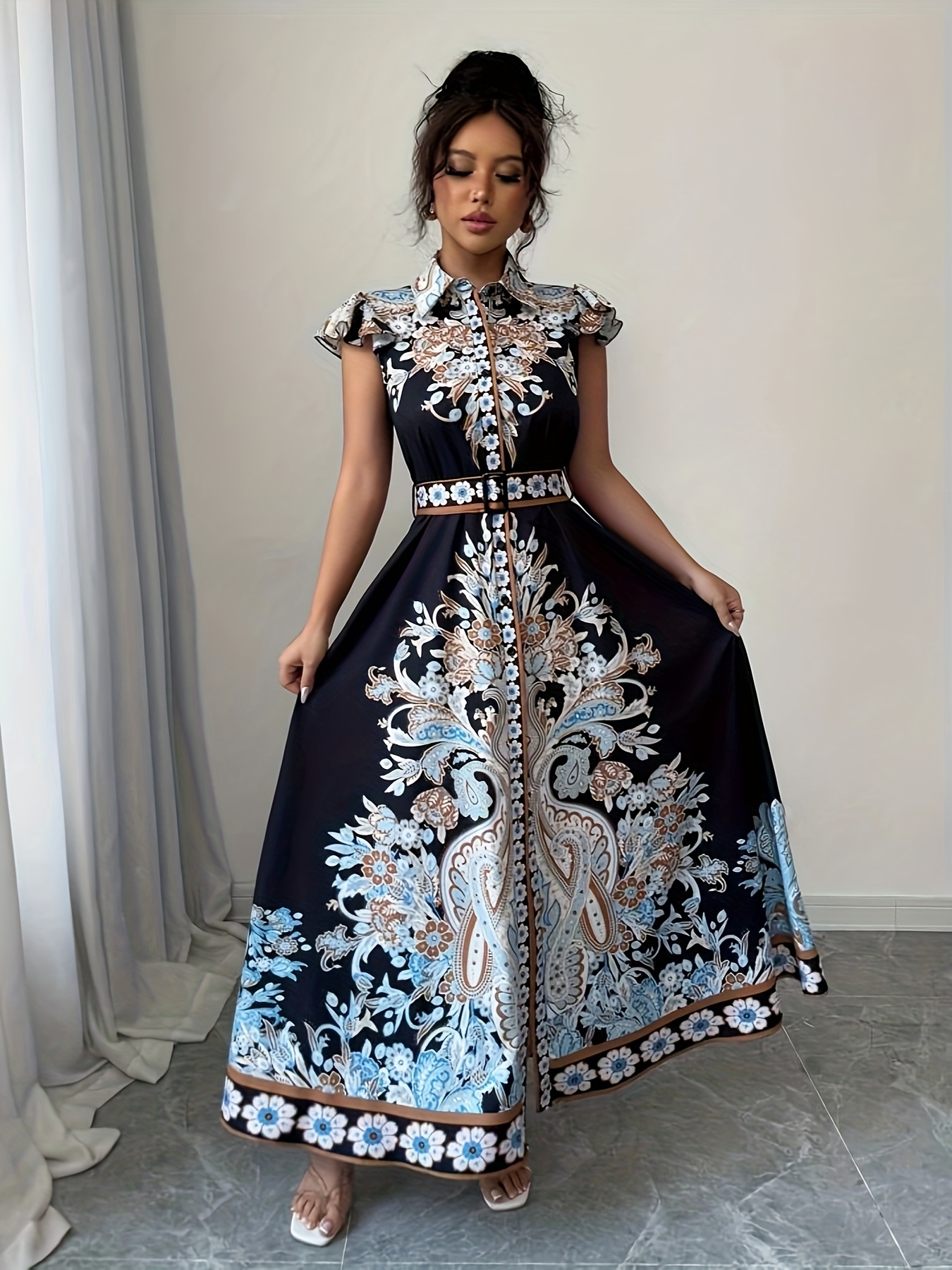 womens elegant paisley print a line dress button belt - Temu United Arab  Emirates