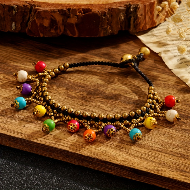 TEMU Bohemian Double-layer Braided Anklet Foot Chain With Colorful Beads & Natural Turquoise Stone Pendants - Adjustable Elastic Cord For Women, Beach Vacation, Party, Everyday Jewelry