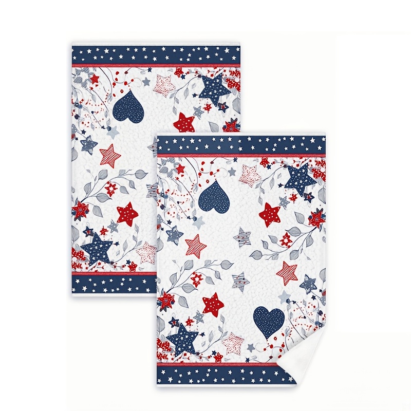 TEMU 2pcs Retro Patriotic Stars & Hearts Kitchen Towels - Red Blue White Suitable For, Dish Drying, Hand Towels, Cloth, Summer Decorations, Hand Wash Only, Rectangular Dishcloths For Dining Room