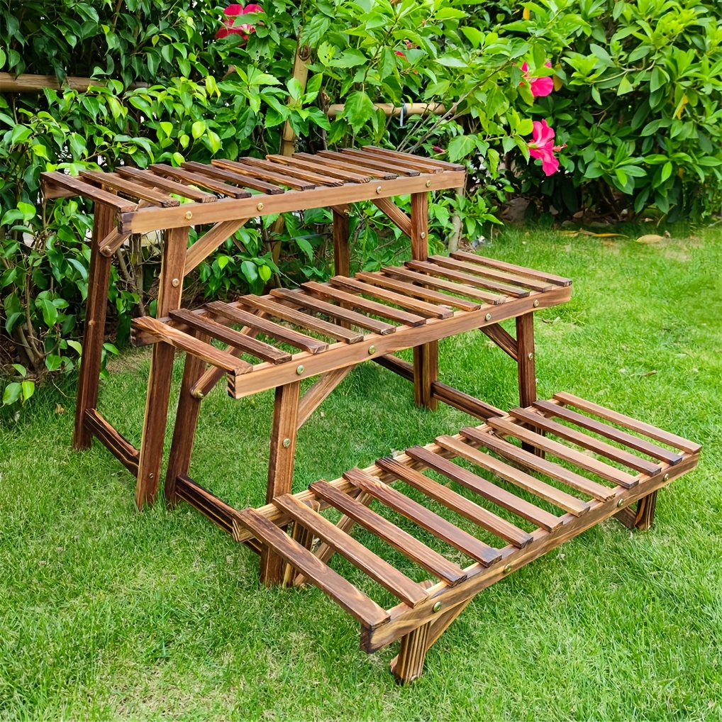 TEMU 3pcs Assorted Size Wooden Plant Rack Stand Stepped Flower Pots Holder Display Shelf For Indoors And Outdoors Patio Balcony, Wisfor