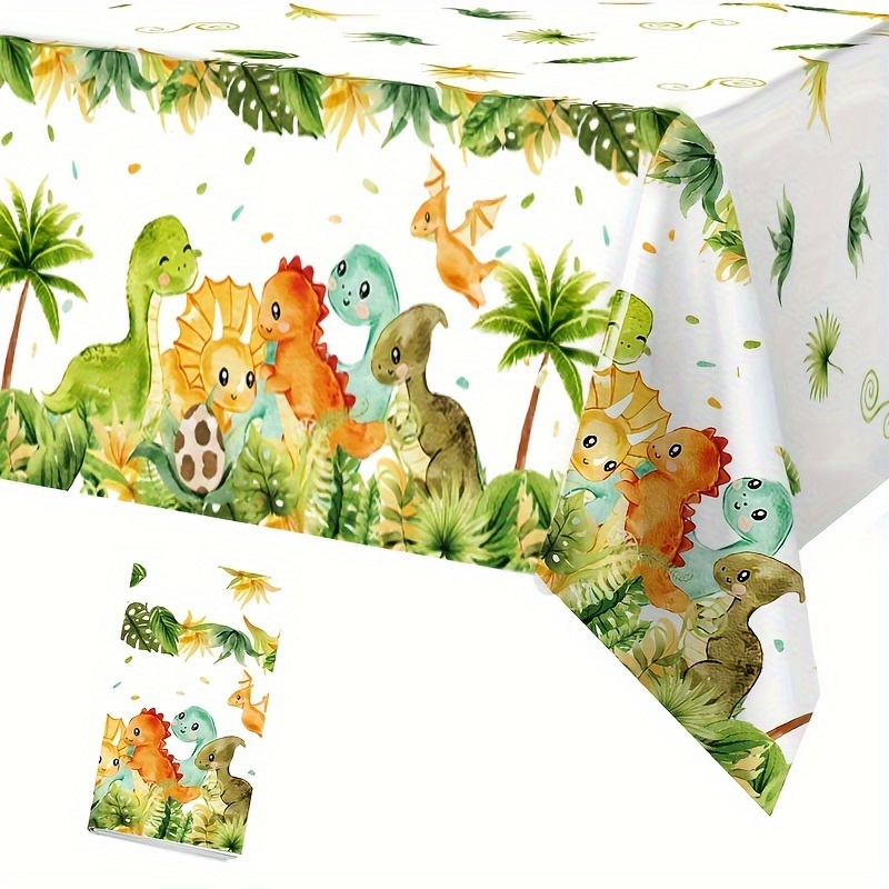 

1pc, Dinosaur Birthday Plastic Disposable Tablecloth, 1st Birthday Party Decoration For Home, Jungle Green Forest Dino Party Table Cover Supplies