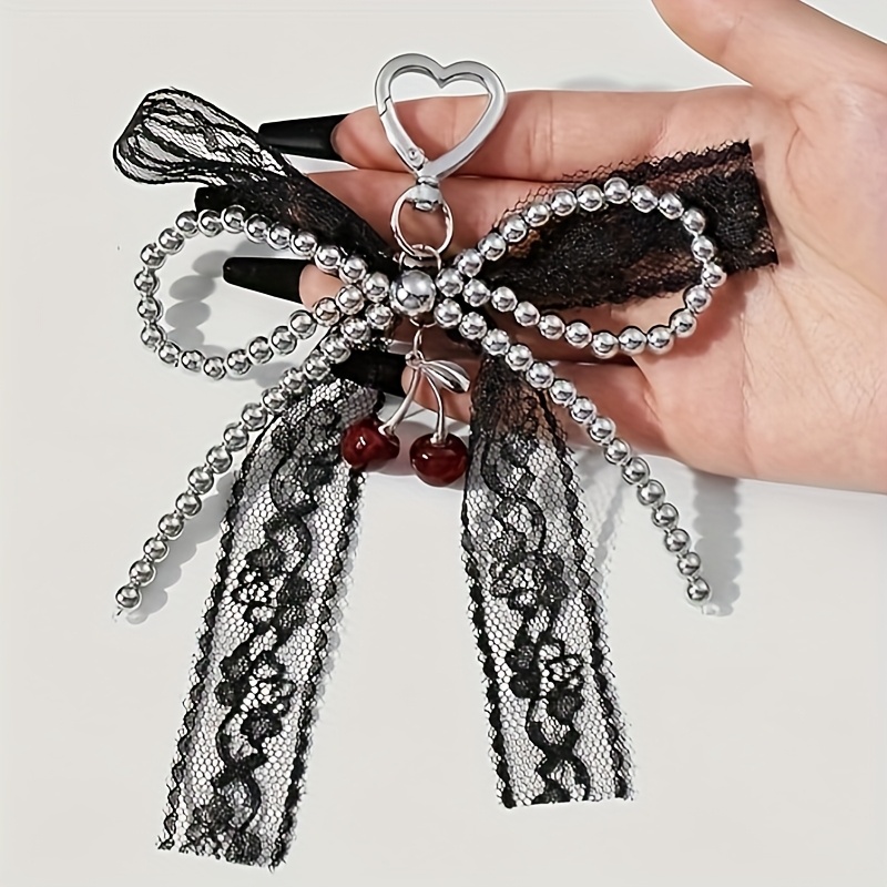 Lace Bow Keychain With Heart Pearl Women's Key Ring, Key Chain