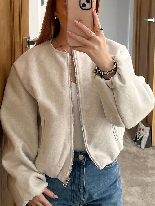 womens fashion round neck lantern long sleeve zipper jacket coat