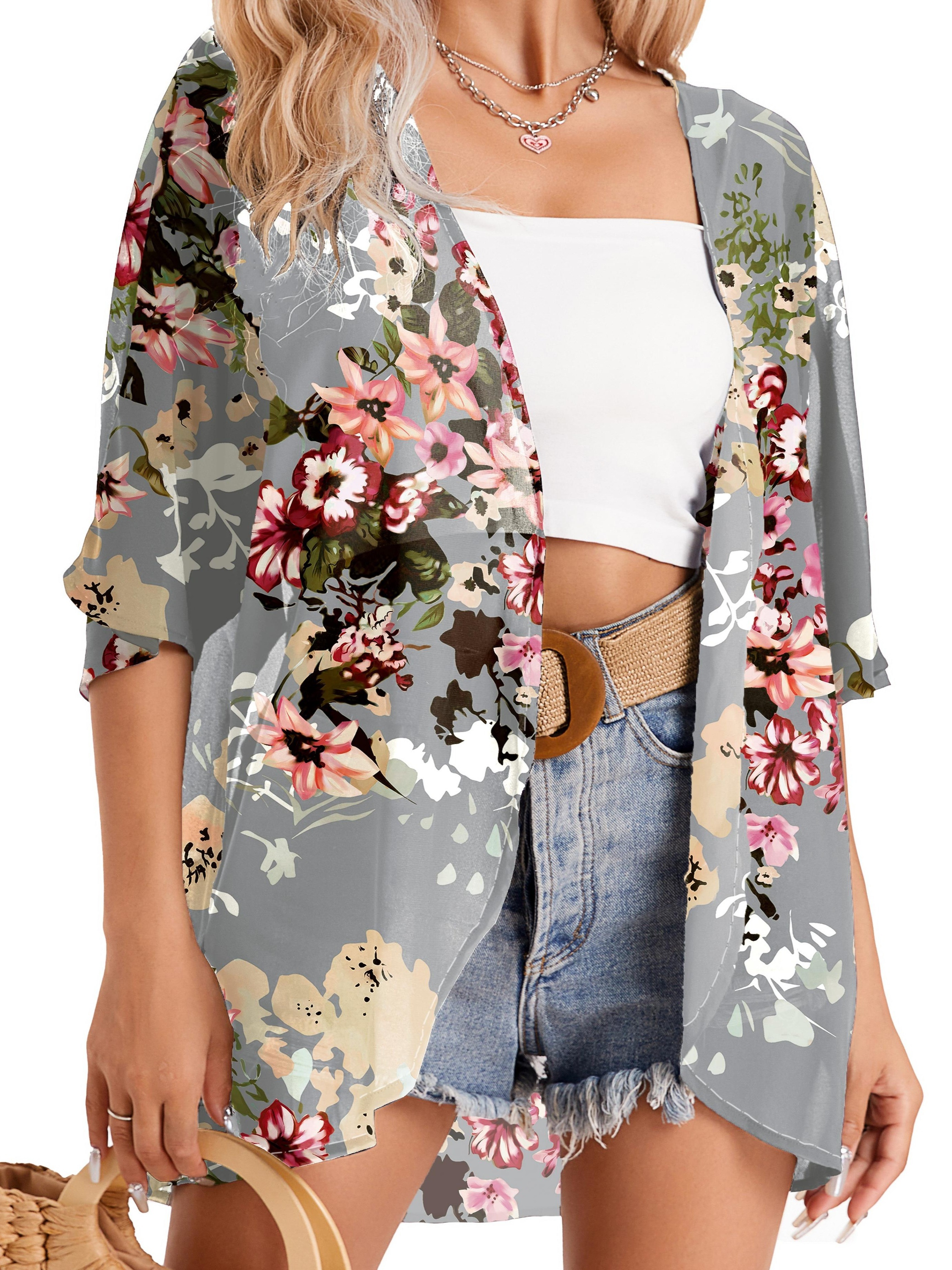 Floral Print Cover Up Cardigan, V Neck Loose Fit Half Sleeves Casual Beach Kimono, Women's Swimwear & Clothing