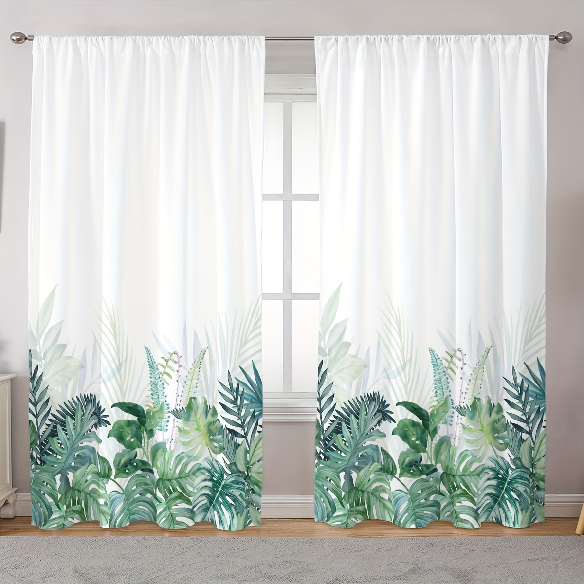 

2-piece Set Of Semi-sheer Floral & Plant Print Curtains - Rod Pocket Design For Easy Hanging, Perfect For Living Room, Bedroom, And Home Decor Curtains For Living Room Curtain Rods For Living Room