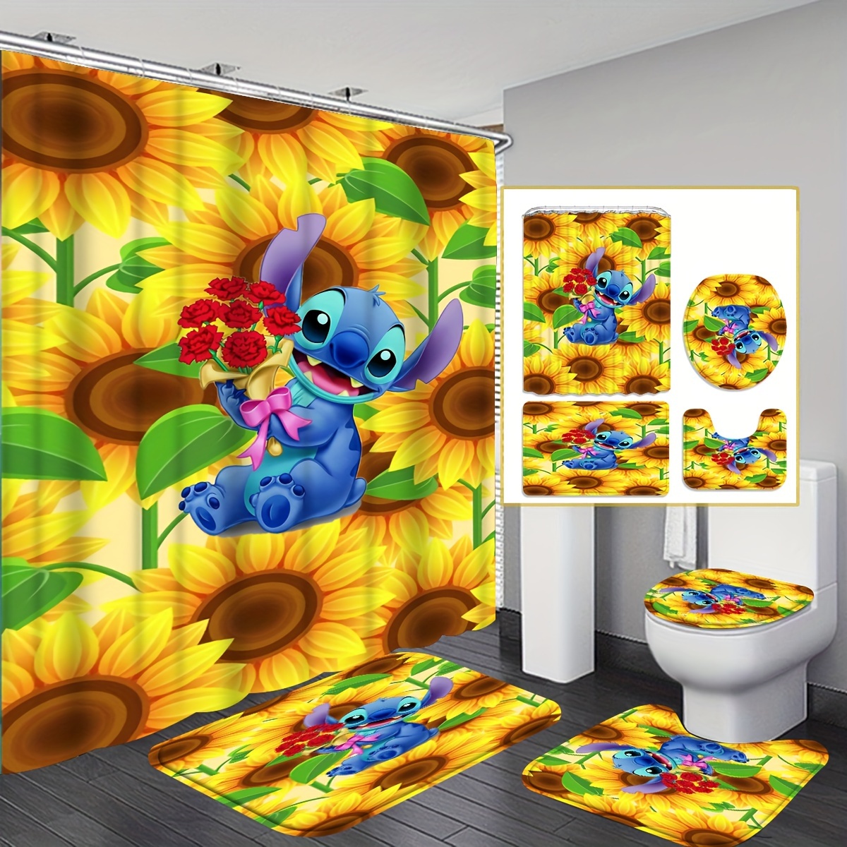 

1/4pcs Sunflower & Stitch Pattern Shower Curtain Set With Hooks, Waterproof Shower Curtain, Toilet Cover Mat, Non-slip Bathroom Rug, Water Absorbent Bath Mat, Bathroom Accessories, Home Decor