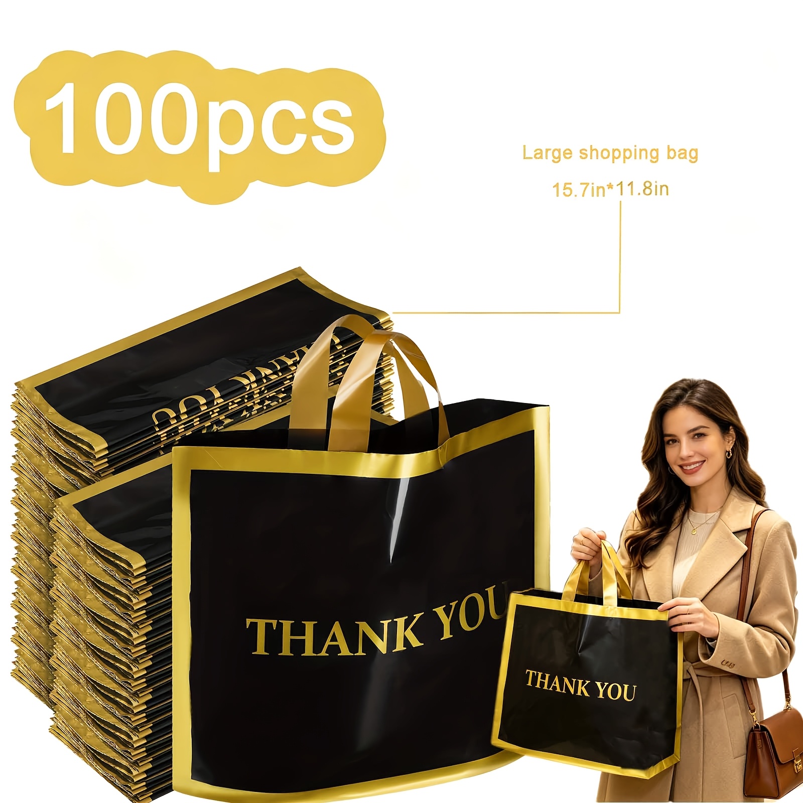 TEMU 100pcs Black Bags, Handles, 113.7 X 15.7 Inches, Heavy Duty Plastic For Retail Store, Great For Company Team Building Party Supplies, Minimalist