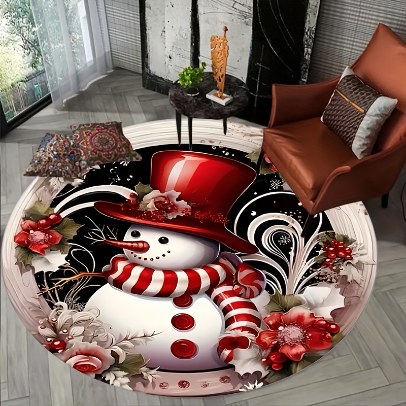 

Christmas Snowman With Red Hat Round Bath Mat - Fade-resistant, Knitted Polyester, Bathroom Decor