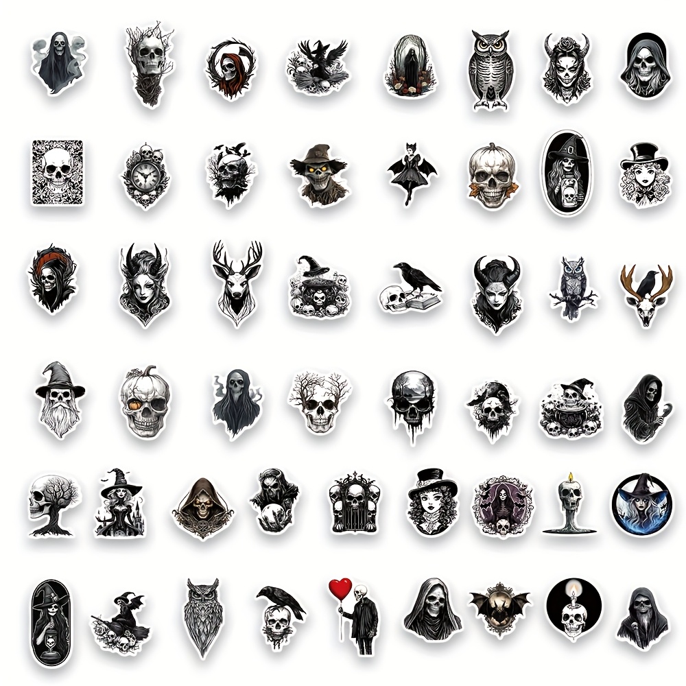 50 Black And White Gothic Aesthetic Dark Witch Stickers For Decorating Cups, Luggage, Guitars, Computers, And Phones. For Halloween