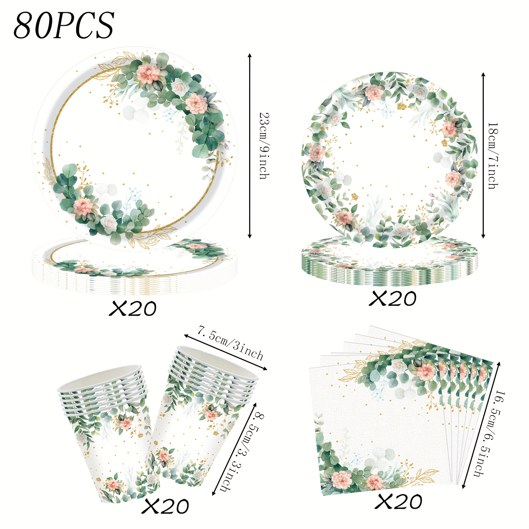 Image of 80pcs Eucalyptus Party Tableware Set, Includes Paper Plates, Napkins, And Paper Cups, Suitable For Birthdays, Kids' Parties, Weddings, And Other Parties, Party Packs I Perfect For Halloween