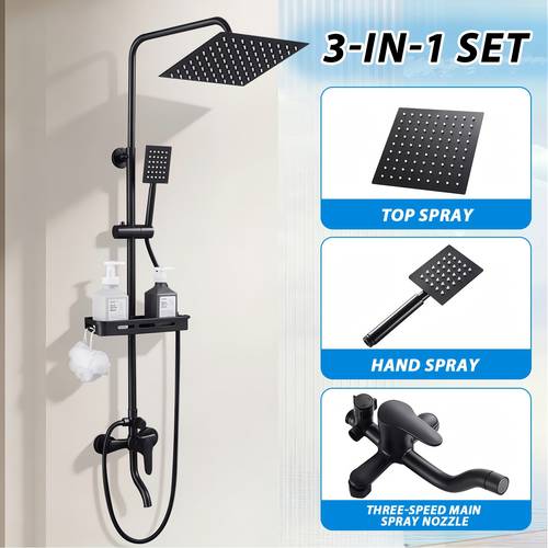 water shower set with round top shower handheld boost shower anti thermostatic storage shelf for families rental houses bathroom renovation all in cleaning set