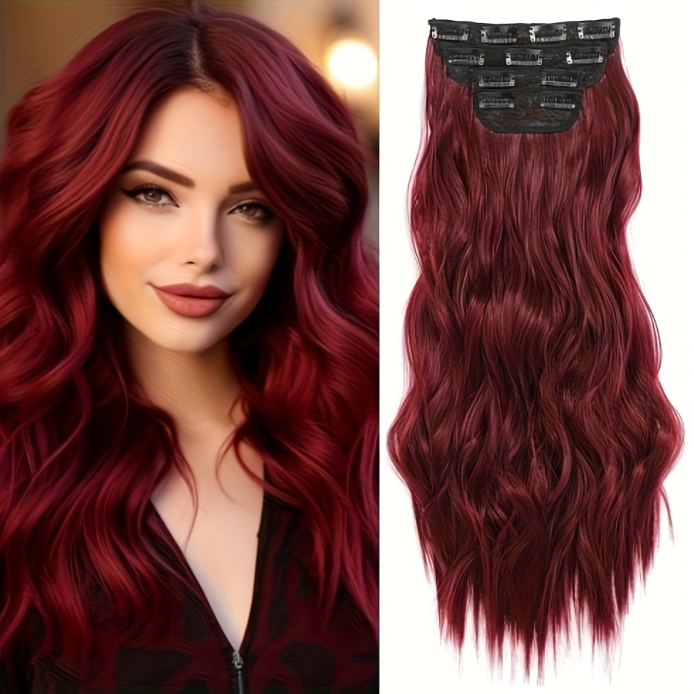 Clip-in Extensions Red 50cm Wavy Clip-in Hair Extensions For Women 4pcs Hair Extensions Synthetic Hairpiece Hair Extensions - Dark Burgundy Mixed