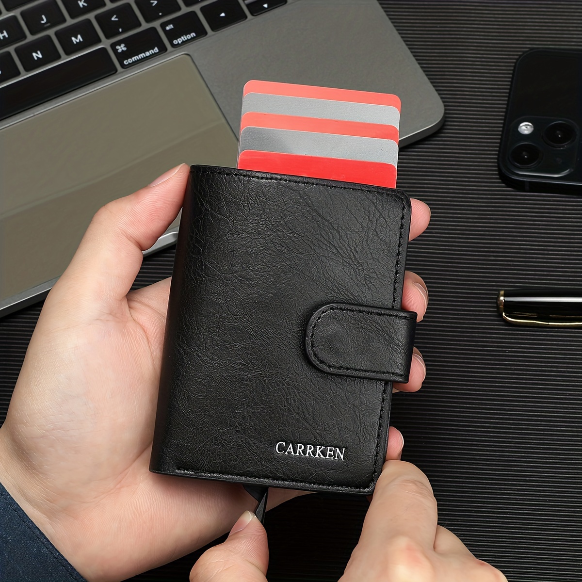 

Carrken Men's Sleek Business Wallet - Fashionable Black Pu Leather With Spring- , Large Capacity Card Holder & Money Clip - Perfect Gift For Him, Card Holder, Money Clip