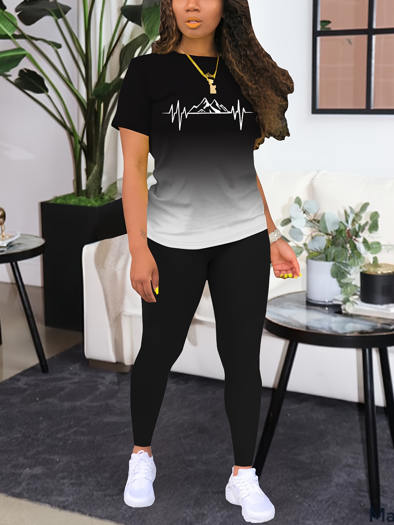 Stylish European and American Short-Sleeve Long-Pants Round-Neck Gradient Color Letter Print High-Elasticity Women's Set