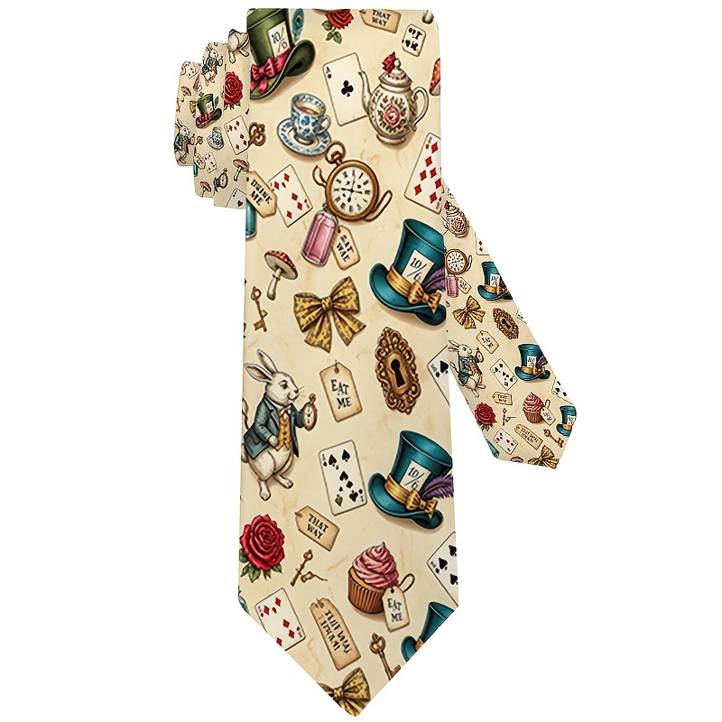 TEMU 1pc, Printed Necktie, Vintage Fairytale Style Alice-themed Pattern, Men's Business Necktie, Formal Attire Accessory, For Graduation Ceremonies,
