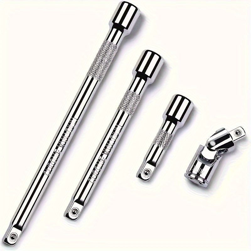 TEMU 4-piece Alloy Steel Drive Socket Extension Set With Spring-loaded Locking Ball, Anti-skid Design & Surface Chrome Plating - Includes 2, 4, 6-inch Rods And 1/4