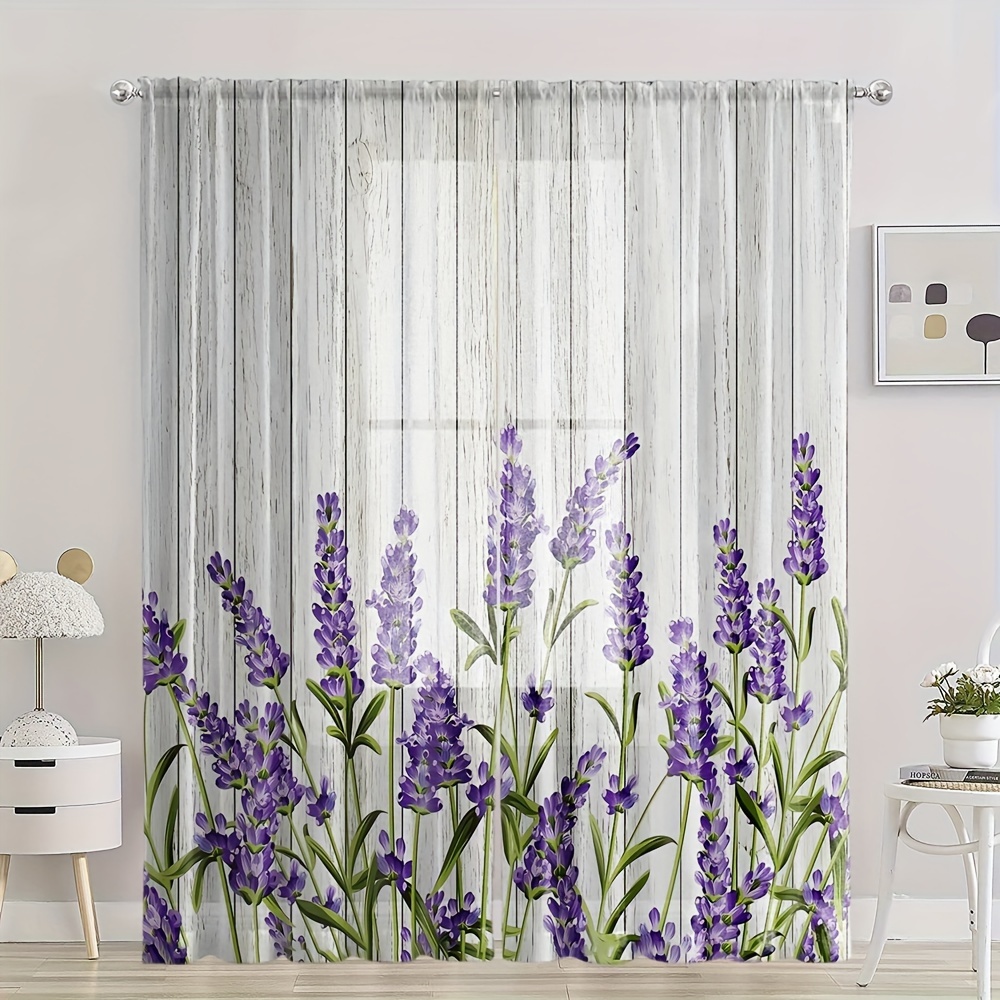 

2pcs Purple Lavender Pattern Sheer Curtains, Rod Pocket Window Drapes, Window Treatments For Bedroom Living Room, Home Decoration, Room Decoration