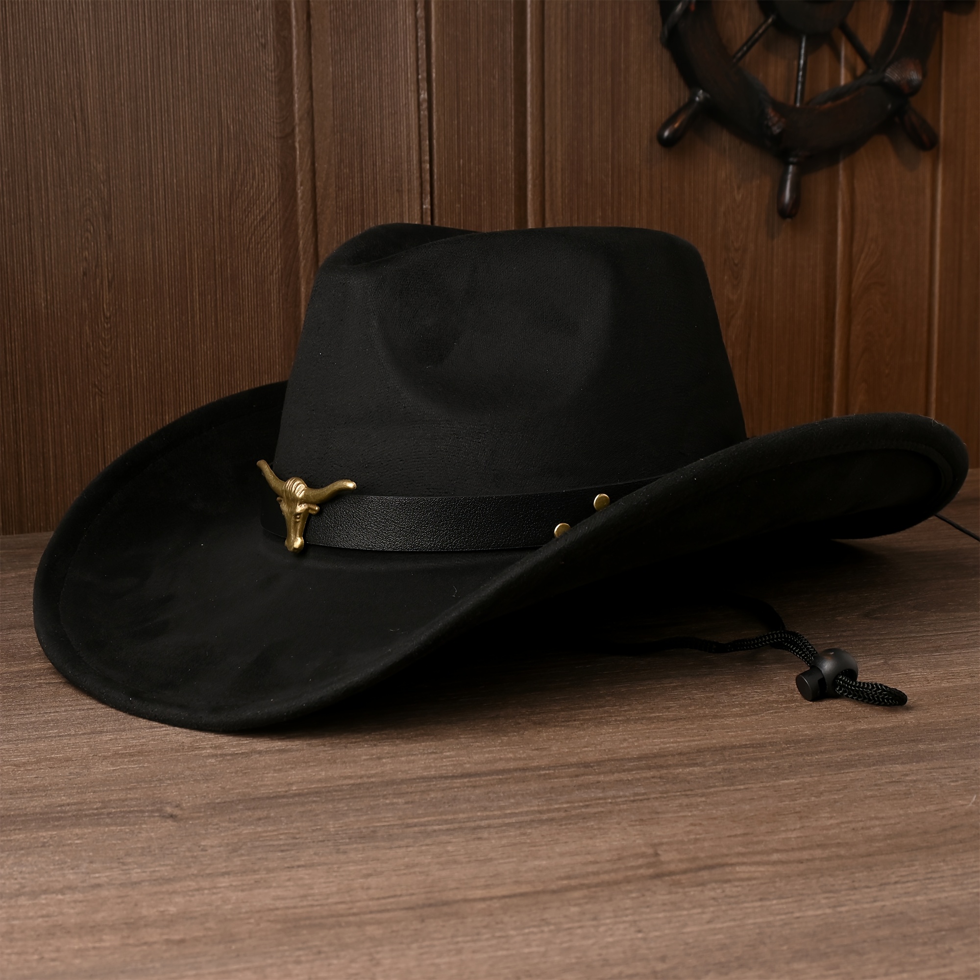 TEMU 1pc Polyester Cowboy Hat With Emblem, Wide Brim Felt Cowboy Cap For Outdoor Hiking And Travel, Lightweight, Non-stretch, Only, Outdoor