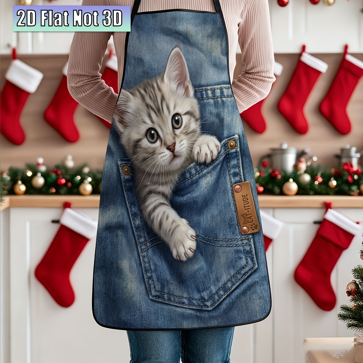 TEMU 1pc Kitten In Pocket Apron With Pocket & Design - Diagonal Stripe Suitable For Cafes, Baking, Use, Suitable For Valentine's Day, Halloween,