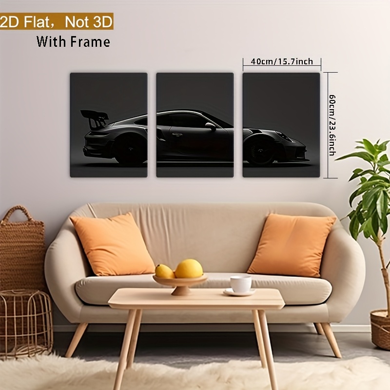 2D plat, set de 3 tablouri pe pânză înrămate cu mașini sportive negre monocrome întunecate triptic, decor vertical de înaltă calitate pentru living, birou sau bar, cadou modern auto pentru zile de naștere, sărbători și petreceri, decorațiune auto