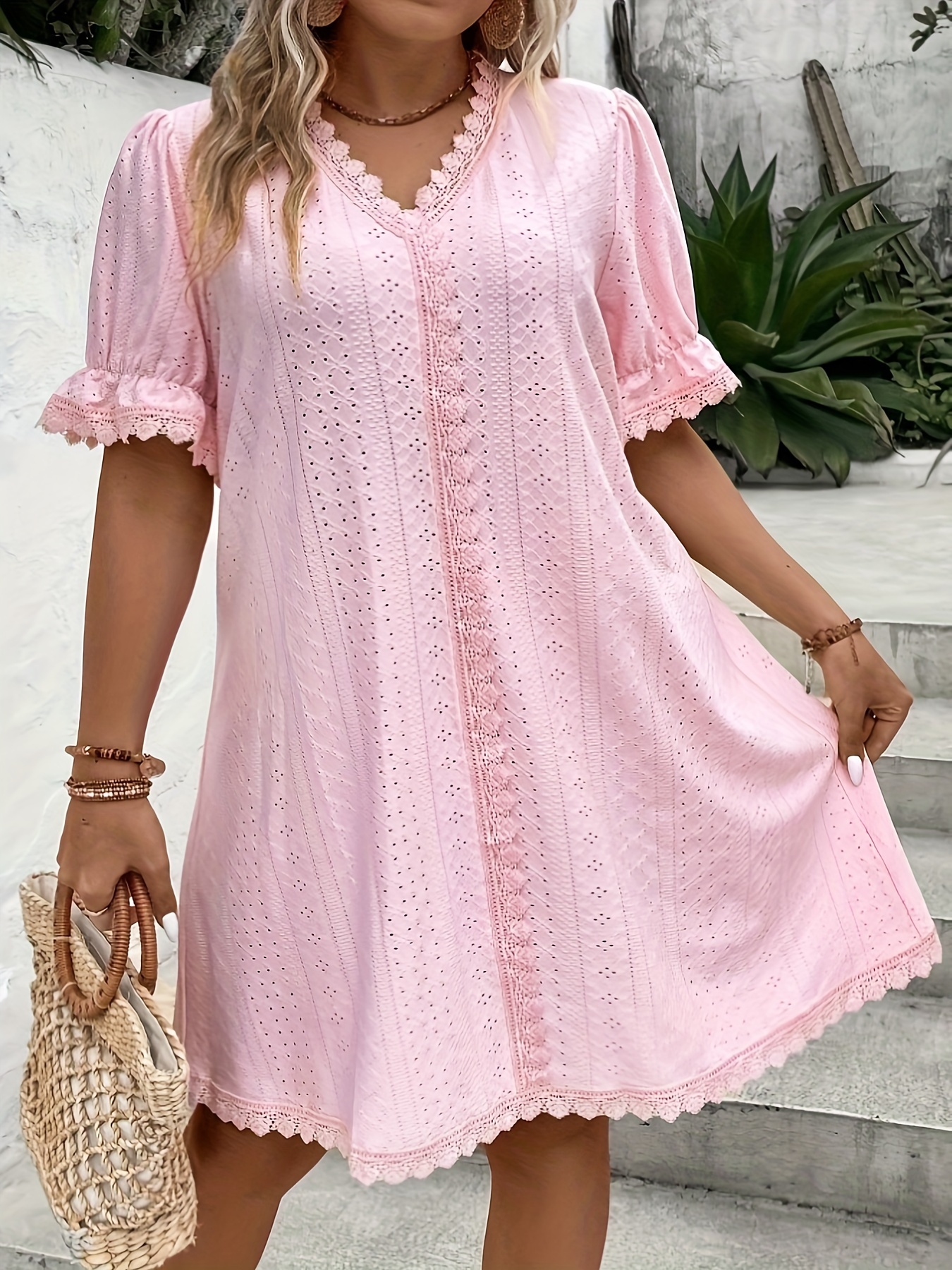 women's elegant v-neck lace-trimmed knit dress - soft pink