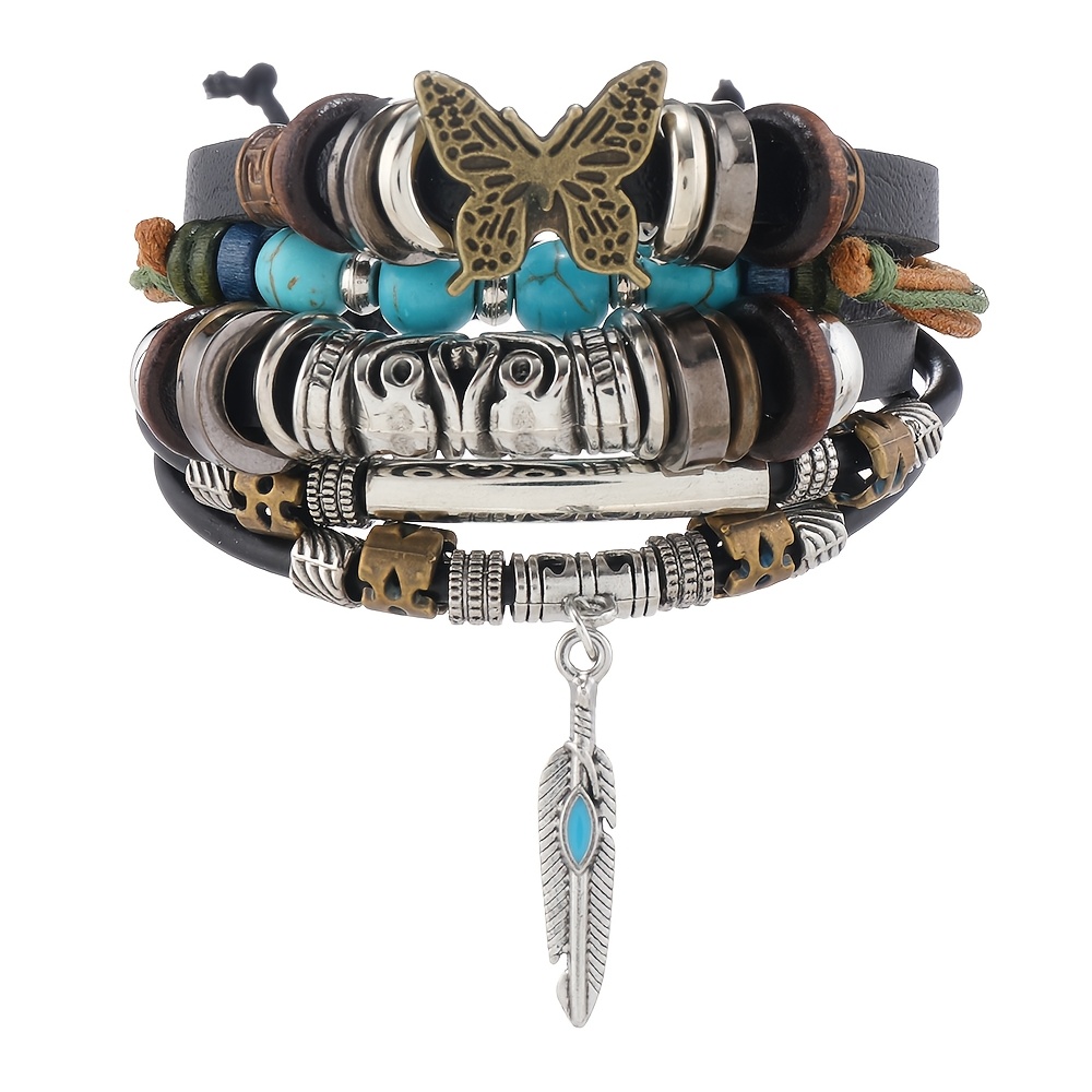 E-shop 1 Stück Minimalistisches Mode-Armband mit Türkis-Perlen Schmetterlingsdekor, Handgeflochten aus PU-Leder
