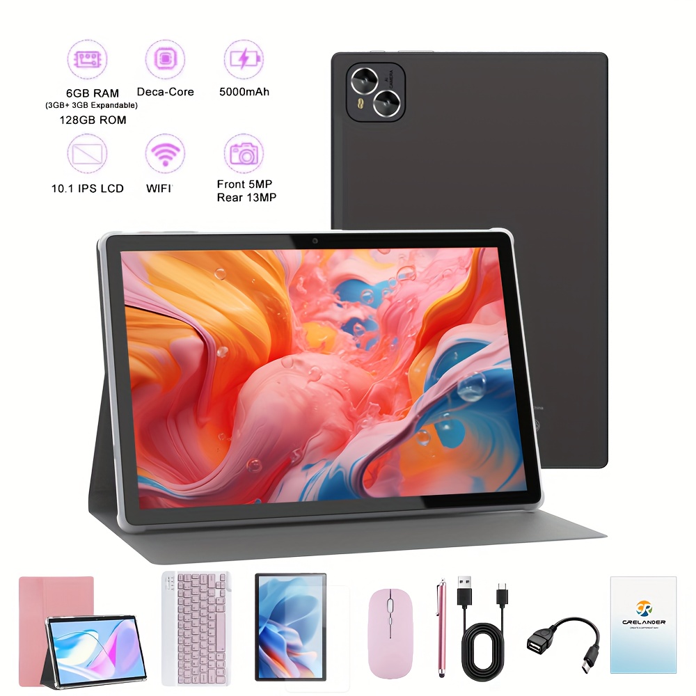 Image of Crelander 10. 1 Inch 2-in-1 T30 Pro Tablet Pc With , Dual Camera 5mp+13mp, System, 6gb (3gb+3gb) 128gb Rom, Support 4g Lte+2. 4g+5g Wifi, Tablet, Pad With Stylus Pen, Keyboard, Mouse
